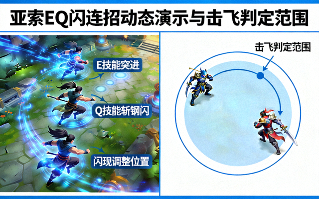 英雄联盟亚索 EQ 闪连招动态演示与击飞判定范围示意